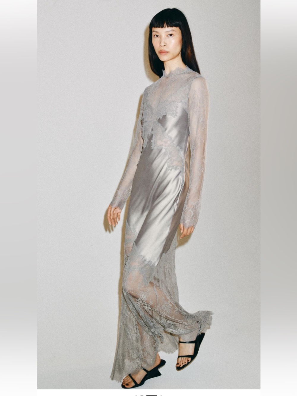 Zara Silver Lace-Trim Long Sleeve Satin Gown